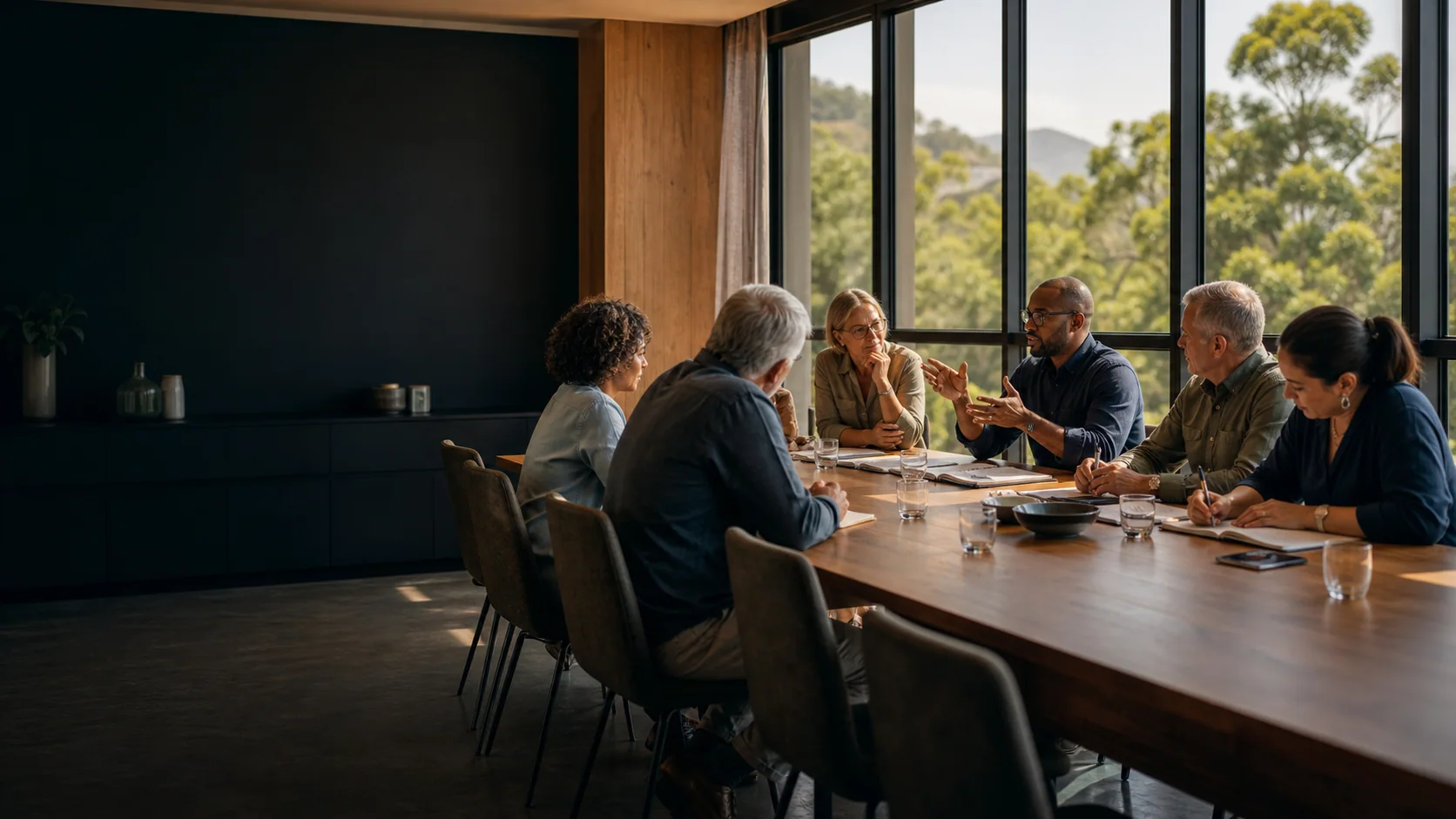 Illustrative leadership team discussing growth around a boardroom table