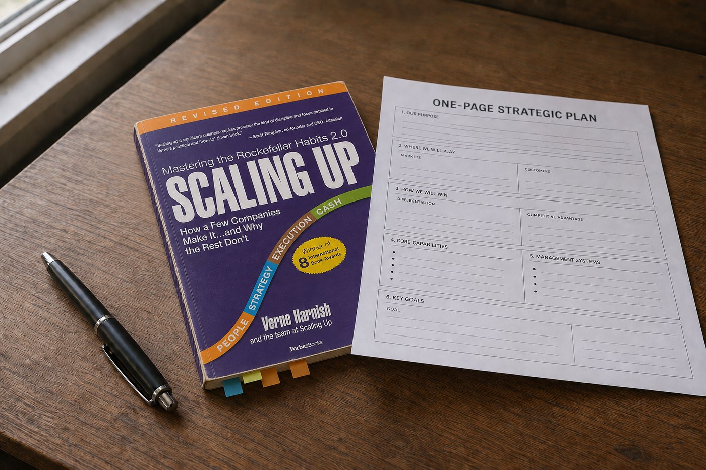 A used copy of Scaling Up, tabbed, on a desk beside a printed one-page strategic plan and a pen